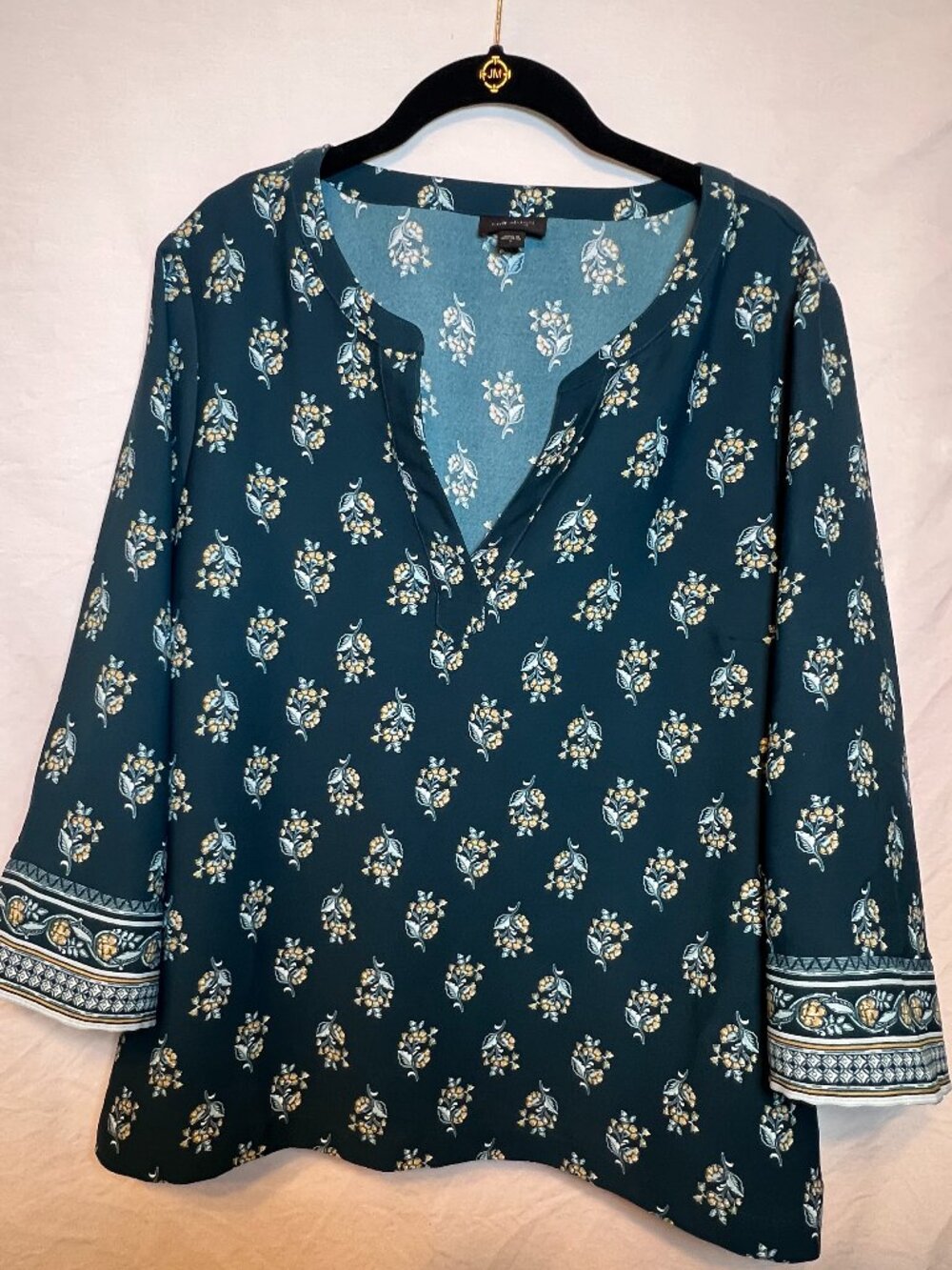 J.Jill Wearever Blouse Women's LARGE Green Floral 3/4 Sleeve Pullover - 4249
